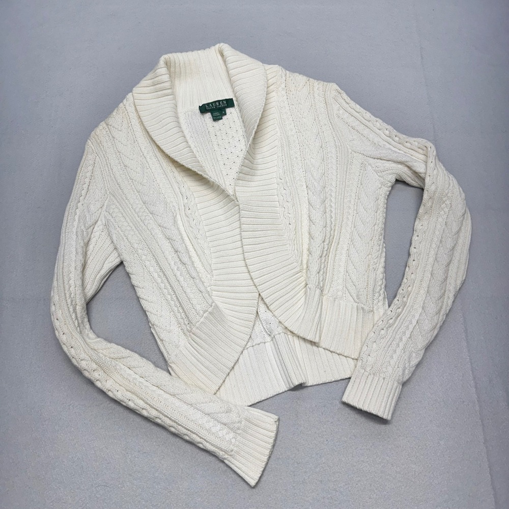 Lauren Ralph Lauren Womens Medium Cream Cable Knit Shawl Cardigan Cotton Sweater